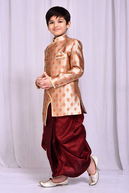 Shop_Petite Pomme_Beige Jacquard, Silk Asymmetric Sherwani And Dhoti Pant Set _Online_at_Aza_Fashions