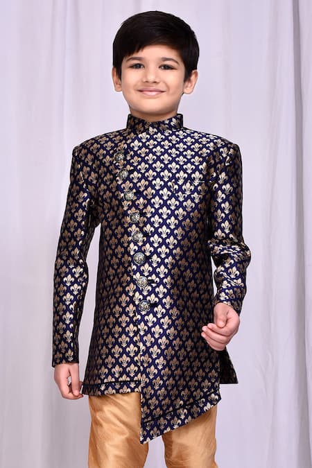 Shop_Petite Pomme_Blue Jacquard Embroidery Asymmetric Sherwani And Churidar Set _Online_at_Aza_Fashions