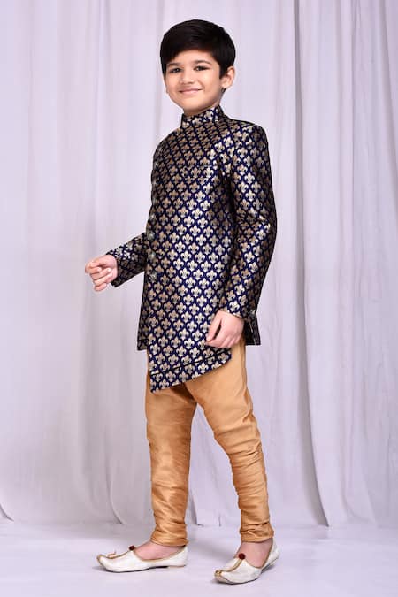 Shop_Petite Pomme_Blue Jacquard Asymmetric Woven Sherwani _Online_at_Aza_Fashions