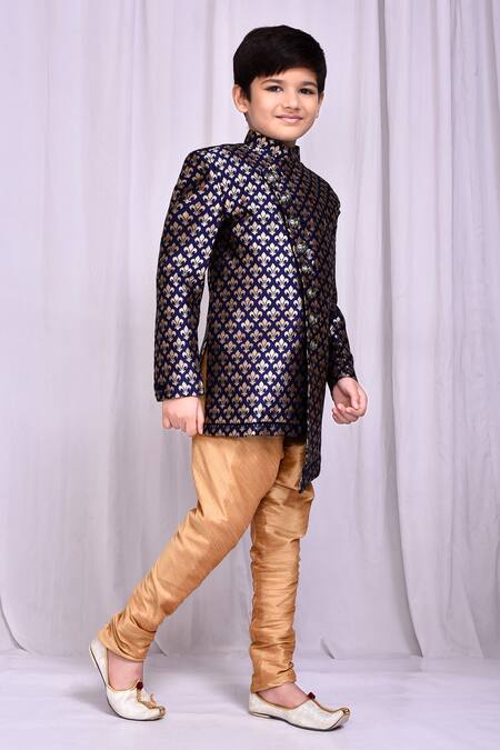 Petite Pomme_Blue Jacquard Asymmetric Woven Sherwani _at_Aza_Fashions