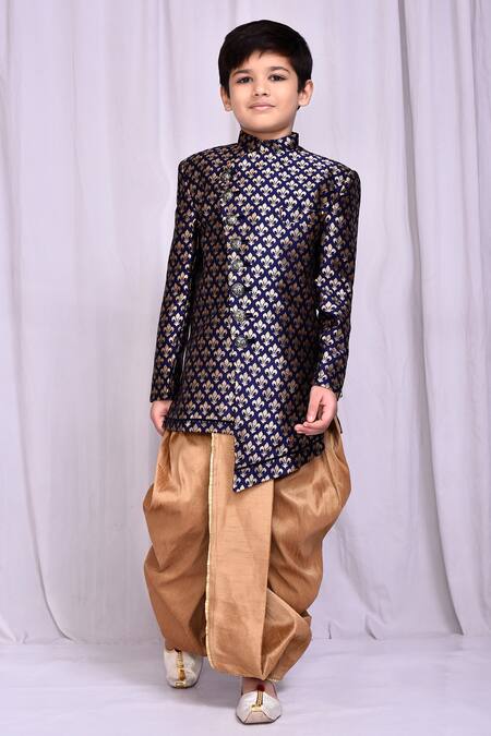 Buy_Petite Pomme_Blue Jacquard, Silk Asymmetric Sherwani And Dhoti Pant Set _Online_at_Aza_Fashions