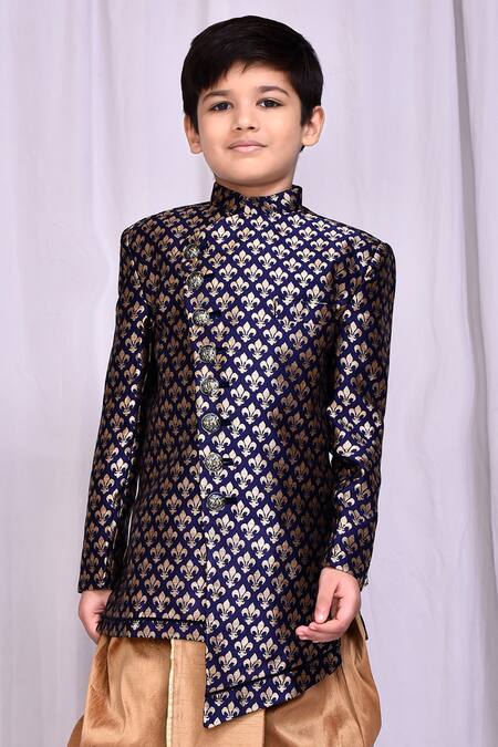 Shop_Petite Pomme_Blue Jacquard, Silk Asymmetric Sherwani And Dhoti Pant Set _Online_at_Aza_Fashions