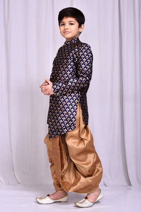 Petite Pomme_Blue Jacquard, Silk Asymmetric Sherwani And Dhoti Pant Set _at_Aza_Fashions