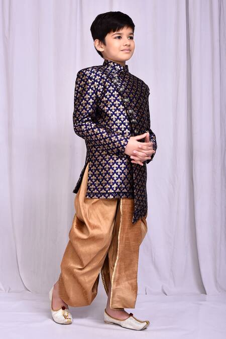 Buy_Petite Pomme_Blue Jacquard, Silk Asymmetric Sherwani And Dhoti Pant Set 