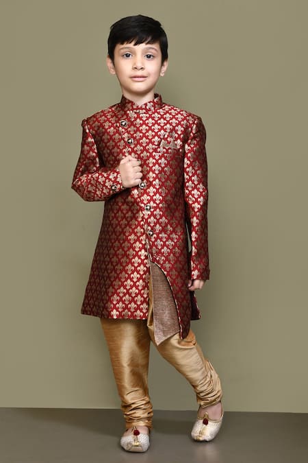 Shop_Petite Pomme_Maroon Jacquard, Chanderi Embroidery Long Sleeve Sherwani And Churidar Set _Online_at_Aza_Fashions