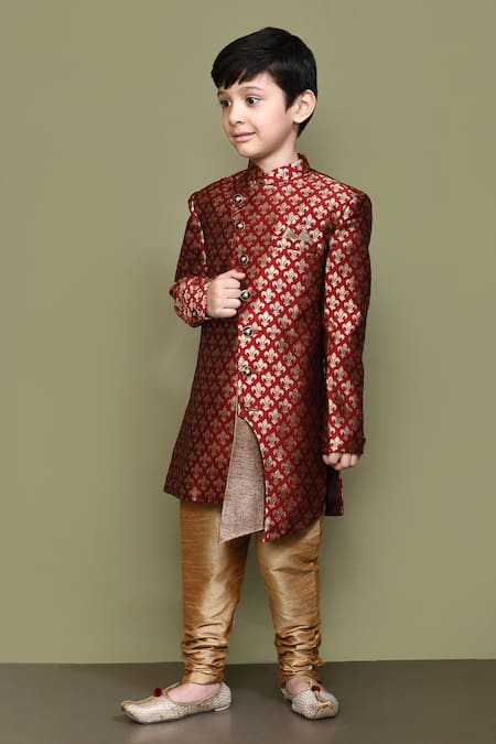 Petite Pomme_Maroon Jacquard, Chanderi Embroidery Long Sleeve Sherwani And Churidar Set _at_Aza_Fashions