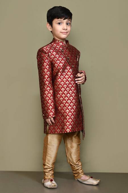 Buy_Petite Pomme_Maroon Jacquard, Chanderi Embroidery Long Sleeve Sherwani And Churidar Set 