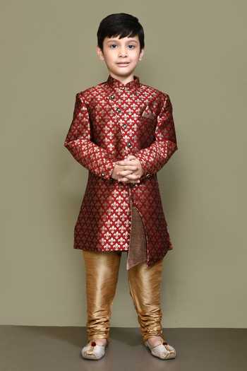Petite Pomme_Maroon Jacquard Long Sleeve Sherwani _Online_at_Aza_Fashions