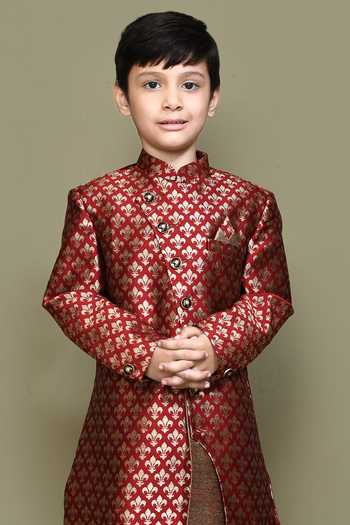 Buy_Petite Pomme_Maroon Jacquard Long Sleeve Sherwani _Online_at_Aza_Fashions