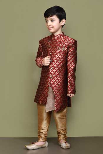 Shop_Petite Pomme_Maroon Jacquard Long Sleeve Sherwani _Online_at_Aza_Fashions