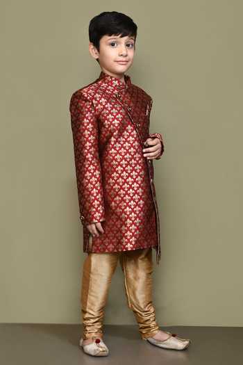 Petite Pomme_Maroon Jacquard Long Sleeve Sherwani _at_Aza_Fashions