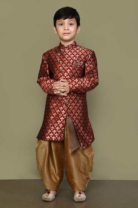 Petite Pomme_Maroon Jacquard, Silk Woven Sherwani And Patiala Pant Set _Online_at_Aza_Fashions