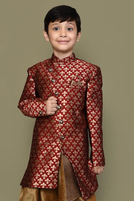 Buy_Petite Pomme_Maroon Jacquard, Silk Woven Sherwani And Patiala Pant Set _Online_at_Aza_Fashions
