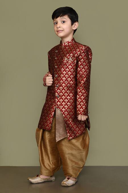 Shop_Petite Pomme_Maroon Jacquard, Silk Woven Sherwani And Patiala Pant Set _Online_at_Aza_Fashions