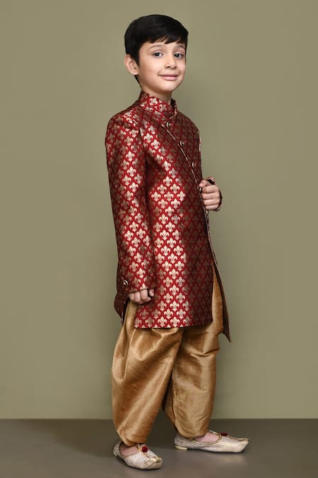 Petite Pomme_Maroon Jacquard, Silk Woven Sherwani And Patiala Pant Set _at_Aza_Fashions