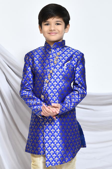 Petite Pomme_Blue Jacquard, Chanderi Asymmetric Sherwani And Churidar Set _Online_at_Aza_Fashions