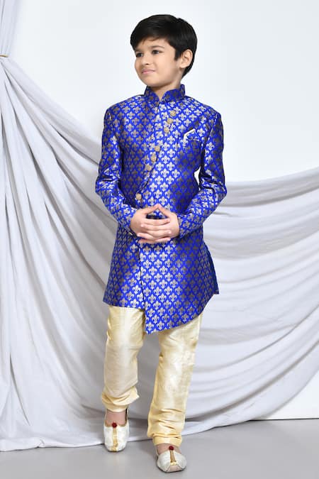 Buy_Petite Pomme_Blue Jacquard, Chanderi Asymmetric Sherwani And Churidar Set _Online_at_Aza_Fashions