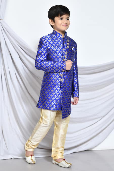 Petite Pomme_Blue Jacquard, Chanderi Asymmetric Sherwani And Churidar Set _at_Aza_Fashions