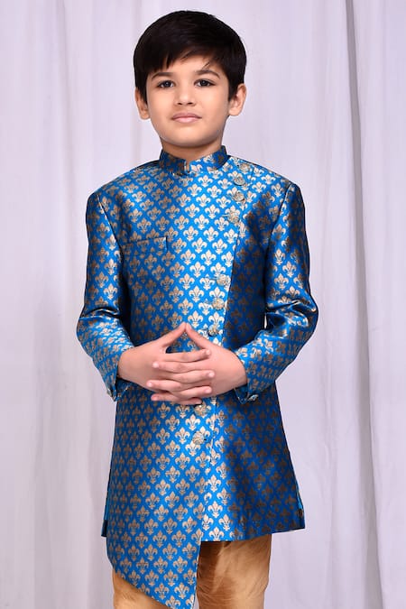 Shop_Petite Pomme_Blue Jacquard, Chanderi Asymmetric Woven Sherwani And Churidar Set _Online_at_Aza_Fashions