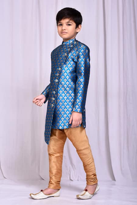 Petite Pomme_Blue Jacquard, Chanderi Asymmetric Woven Sherwani And Churidar Set _at_Aza_Fashions