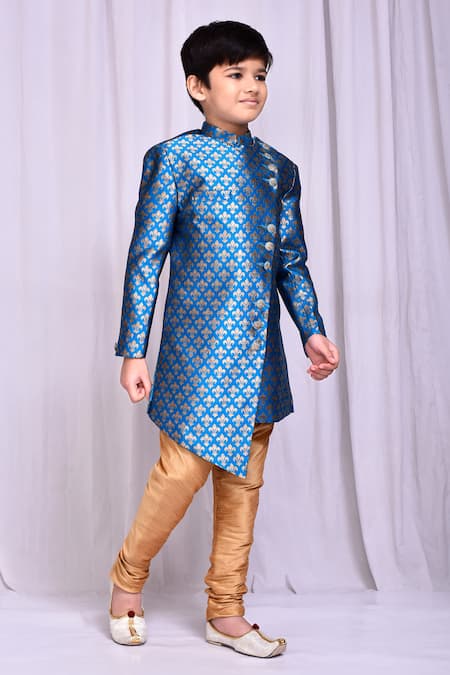 Buy_Petite Pomme_Blue Jacquard, Chanderi Asymmetric Woven Sherwani And Churidar Set 