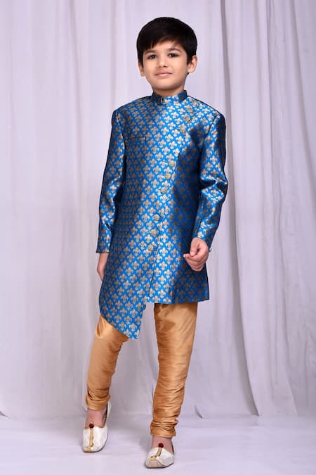 Petite Pomme_Blue Jacquard Embroidery Mandala Butti Pattern Sherwani _Online_at_Aza_Fashions