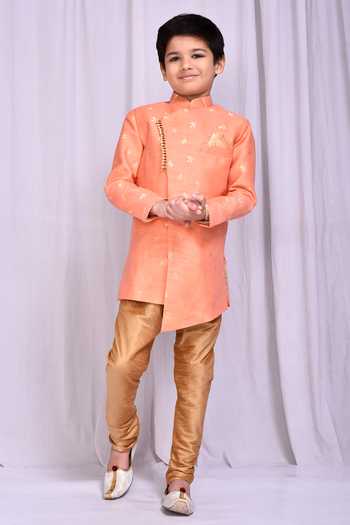 Shop_Petite Pomme_Peach Jacquard, Silk Embroidery Flower Woven Pattern Sherwani With Churidar _Online_at_Aza_Fashions