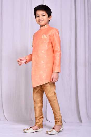 Petite Pomme_Peach Jacquard, Silk Embroidery Flower Woven Pattern Sherwani With Churidar _at_Aza_Fashions