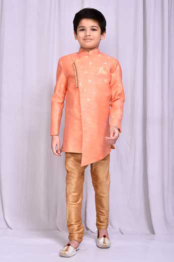 Petite Pomme_Peach Jacquard Embroidery Flower Woven Pattern Sherwani _Online_at_Aza_Fashions