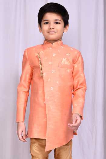 Buy Petite Pomme Peach Jacquard Embroidery Flower Woven Pattern Sherwani Online at Aza Fashions Buy_Petite Pomme_Peach Jacquard Embroidery Flower Woven Pattern Sherwani _Online_at_Aza_Fashions