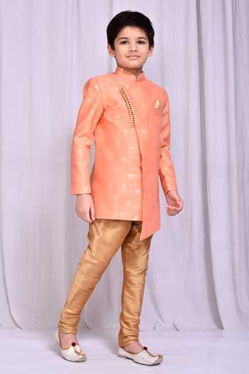 Petite Pomme_Peach Jacquard Embroidery Flower Woven Pattern Sherwani _at_Aza_Fashions