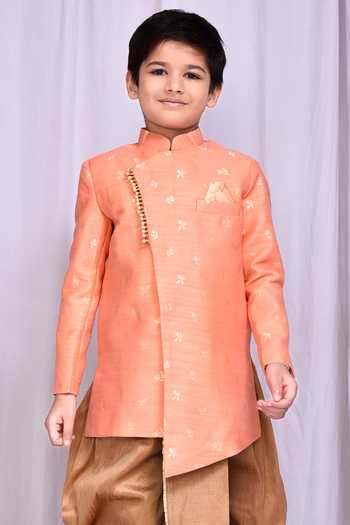 Petite Pomme_Peach Jacquard, Silk Embroidery Flower Woven Pattern Sherwani With Dhoti Pant _Online_at_Aza_Fashions