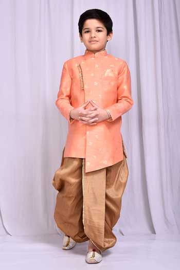 Buy_Petite Pomme_Peach Jacquard, Silk Embroidery Flower Woven Pattern Sherwani With Dhoti Pant _Online_at_Aza_Fashions