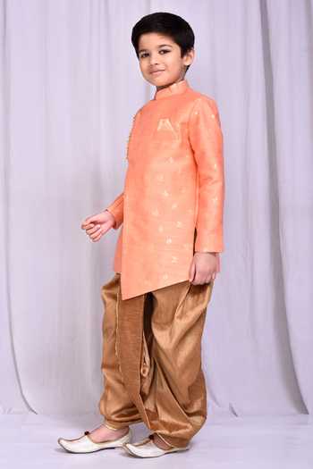 Shop_Petite Pomme_Peach Jacquard, Silk Embroidery Flower Woven Pattern Sherwani With Dhoti Pant _Online_at_Aza_Fashions