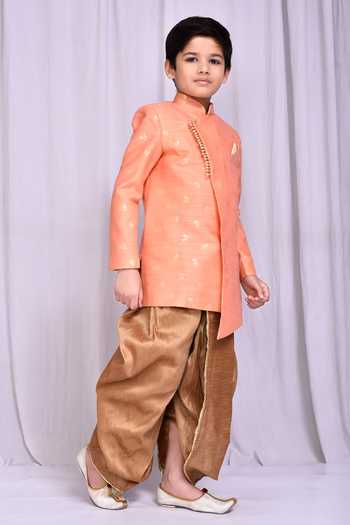 Petite Pomme_Peach Jacquard, Silk Embroidery Flower Woven Pattern Sherwani With Dhoti Pant _at_Aza_Fashions