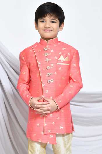 Petite Pomme_Pink Jacquard, Silk, Satin Asymmetric Floral Pattern Sherwani With Churidar _Online_at_Aza_Fashions