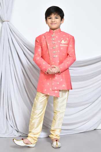 Buy_Petite Pomme_Pink Jacquard, Silk, Satin Asymmetric Floral Pattern Sherwani With Churidar _Online_at_Aza_Fashions