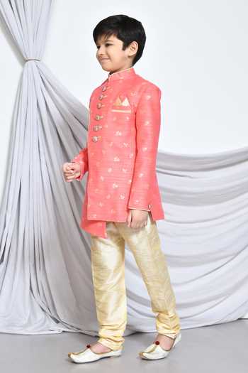 Shop_Petite Pomme_Pink Jacquard, Silk, Satin Asymmetric Floral Pattern Sherwani With Churidar _Online_at_Aza_Fashions