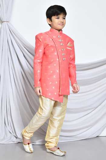 Petite Pomme_Pink Jacquard, Silk, Satin Asymmetric Floral Pattern Sherwani With Churidar _at_Aza_Fashions