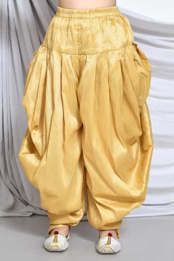 Petite Pomme_Green Jacquard, Silk Embroidery Leaf Vine Butti Pattern Sherwani With Dhoti Pant _Online_at_Aza_Fashions