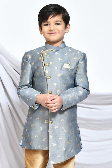 Petite Pomme_Grey Jacquard, Silk Embroidery Miniature Floral Pattern Sherwani With Churidar _Online_at_Aza_Fashions