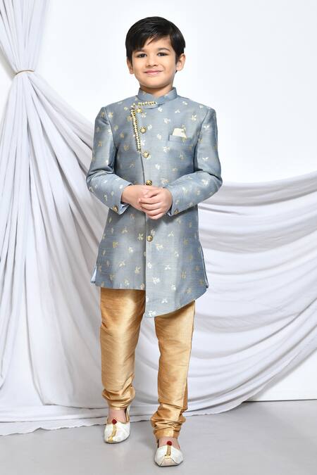 Buy_Petite Pomme_Grey Jacquard, Silk Embroidery Miniature Floral Pattern Sherwani With Churidar _Online_at_Aza_Fashions