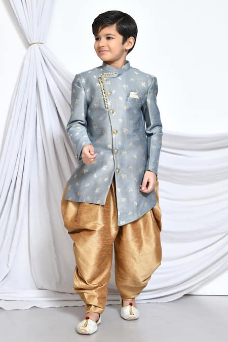 Petite Pomme_Grey Jacquard, Silk Embroidery Miniature Floral Pattern Sherwani With Dhoti Pant _Online_at_Aza_Fashions