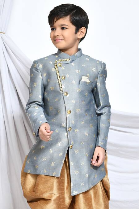 Buy_Petite Pomme_Grey Jacquard, Silk Embroidery Miniature Floral Pattern Sherwani With Dhoti Pant _Online_at_Aza_Fashions