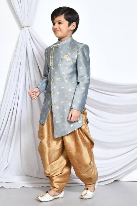 Shop_Petite Pomme_Grey Jacquard, Silk Embroidery Miniature Floral Pattern Sherwani With Dhoti Pant _Online_at_Aza_Fashions