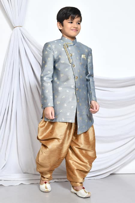 Petite Pomme_Grey Jacquard, Silk Embroidery Miniature Floral Pattern Sherwani With Dhoti Pant _at_Aza_Fashions