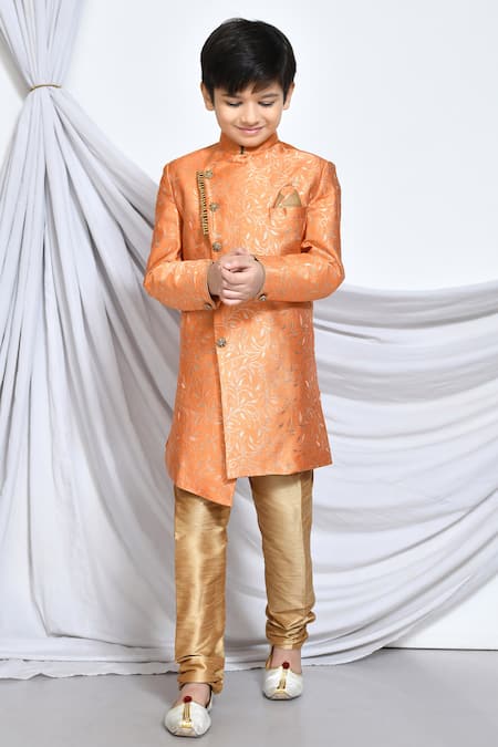 Petite Pomme_Orange Jacquard Embroidery Flower Vine Pattern Sherwani _Online_at_Aza_Fashions