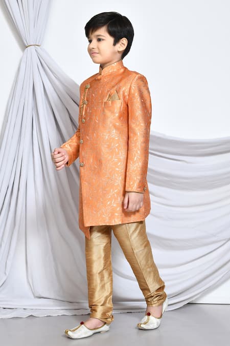 Shop_Petite Pomme_Orange Jacquard Embroidery Flower Vine Pattern Sherwani _Online_at_Aza_Fashions