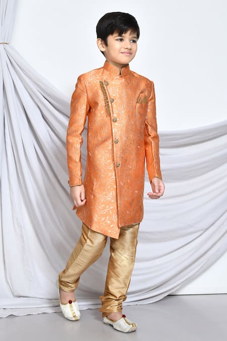 Petite Pomme_Orange Jacquard Embroidery Flower Vine Pattern Sherwani _at_Aza_Fashions