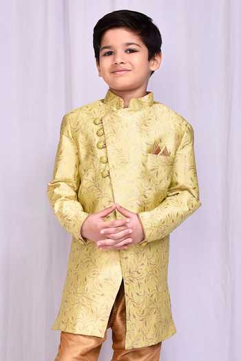 Petite Pomme_Green Jacquard Embroidery Floral Vine Pattern Sherwani _Online_at_Aza_Fashions